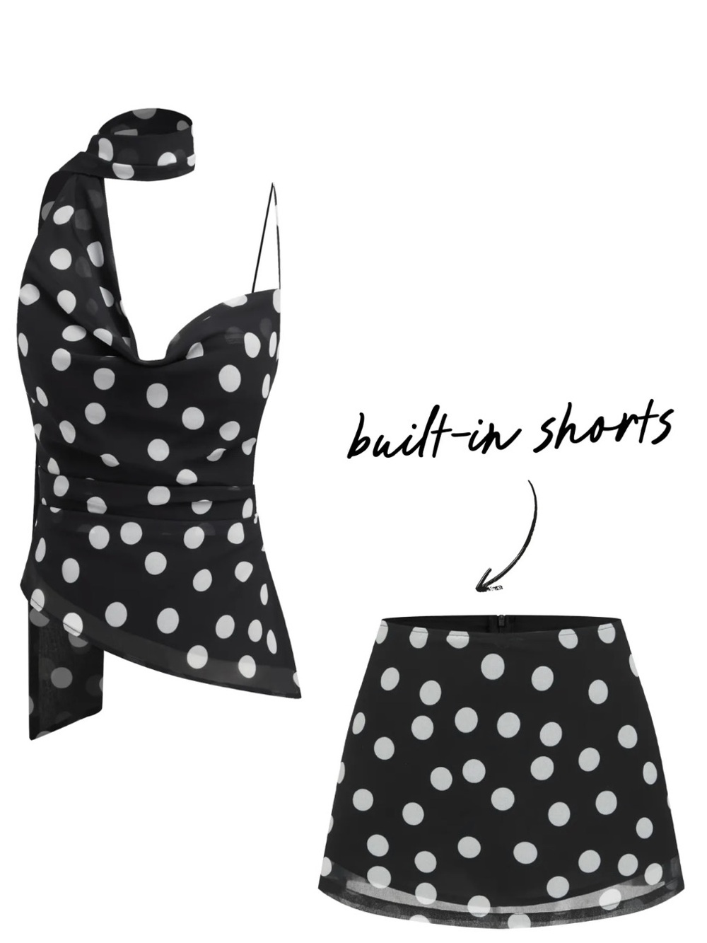 NWT Cider COWL NECK RUCHED POLKA DOT CAMI TOP WITH SCARF & MID RISE MINI SKORT